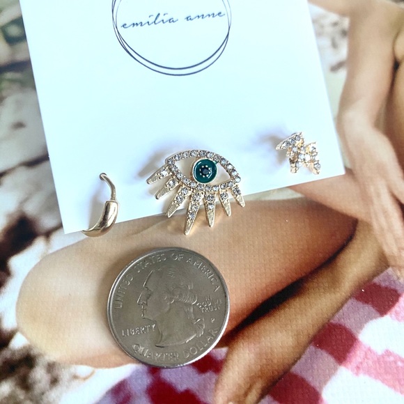 Earring Set Evil Eye Huggies Gold Crystal Baubles - Picture 5 of 5